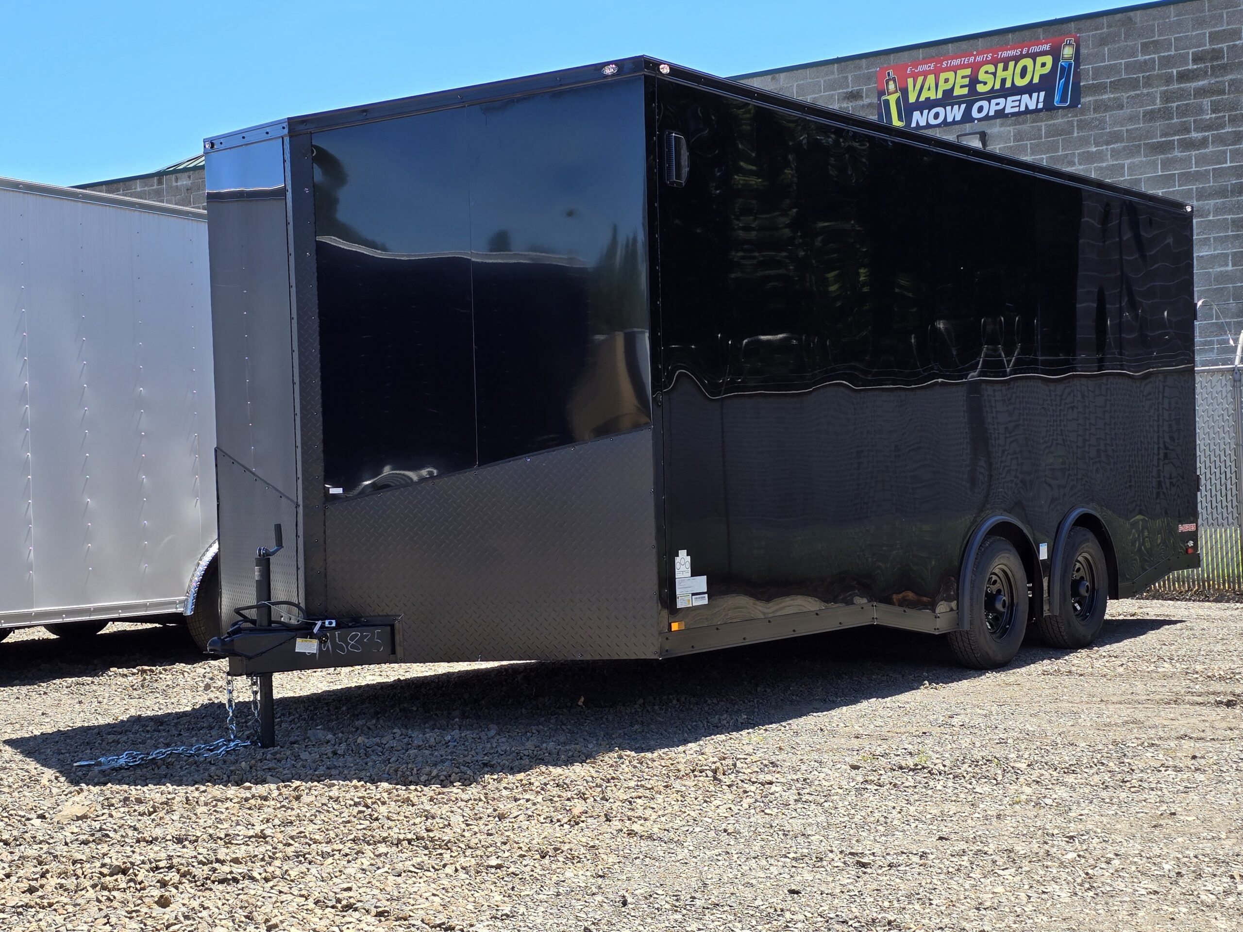 2025 E-Series by Cargo Mate 8.5×20 Extra Height Enclosed Car Hauler Cargo Trailer Pure Black .040 Black Aluminum with Polybead Floor & White vinyl walls